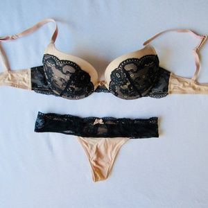 Adore Me nude + black lace bra & panty set